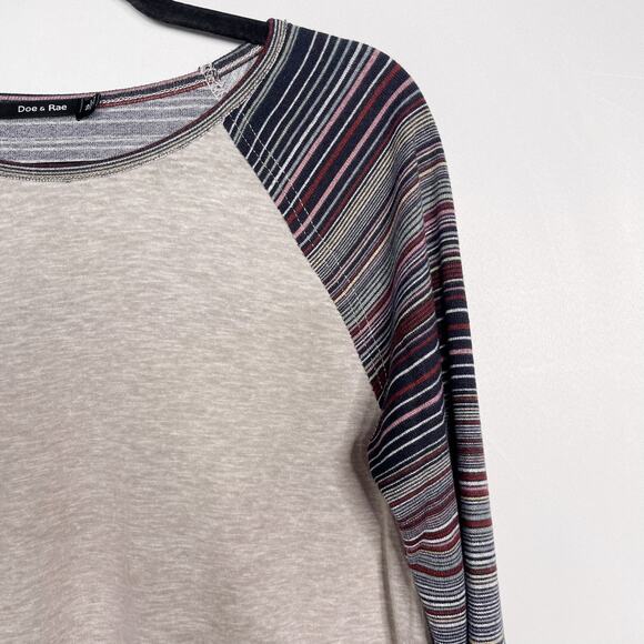 New Doe & Rae Medium Heather Gray Striped Raglan Long Sleeve Tee Tshirt Top Crew - Picture 3 of 9